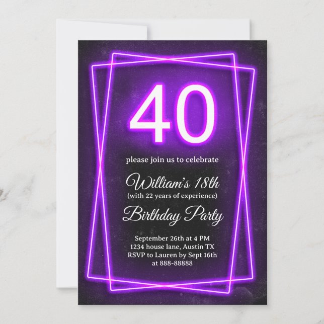 Convites 40º Funny Quarty Neon Lights Retro Black Birthday (Frente)