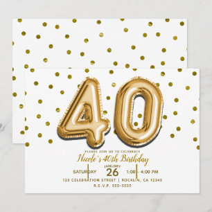 Convites 40 Balões Dourados & Confetes Aniversário de 40 An
