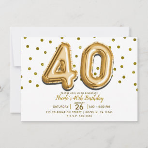 Convites 40 Balões Dourados & Confetes Aniversário de 40 An