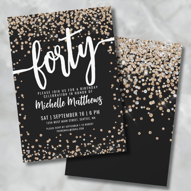 Convites 40 Black Dourado aniversário de 40 anos (Forty Black Gold Glitter 40th Birthday Invitation)