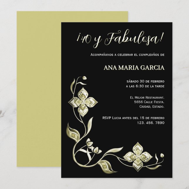 Convites ¡40 e Fabulosa! Aniversário Elegante Com Gemas (Frente/Verso)