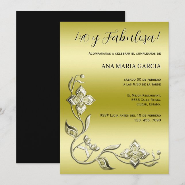 Convites ¡40 e Fabulosa! Aniversário Elegante Com Gemas (Frente/Verso)