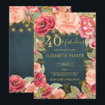 Convites 40 e fabulosas flores elegantes festa de 40 anos d<br><div class="desc">Modelo de convite de festa de 40 anos em estilo luxuoso, elegante, vintage e romântico, apresentando rosas peônia cor de rosa e dourado pêssego e bordas floridas e cordas rústicas douradas ou luzes cintilantes em um fundo de quadro-negro azul meia-noite. ----- O convite é adequado para festas de aniversário noturnas...</div>