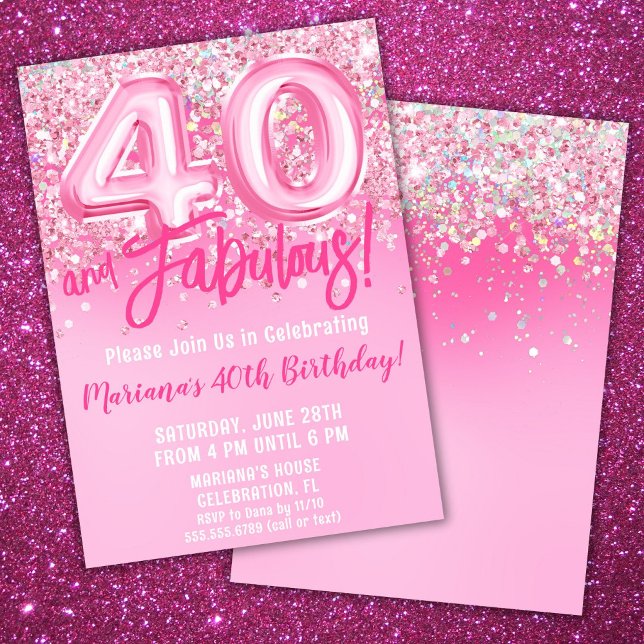 Convites 40 e Fabuloso Aniversário Brilho Rosa (Criador carregado)