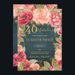 Convites 40 e fabuloso aniversário de 40 anos floral elegan<br><div class="desc">Modelo de convite de festas, elegante estilo vintage, estilo luxuoso e romântico, com rosas cor-de-rosa e ouro de pêssego e bordas floridas e cordas rústicas de ouro ou luzes cintilantes em um fundo de quadro azul-meia-noite. — O convite é adequado para primavera ou noite de verão, outono rústico ou vintagem...</div>