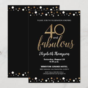 Convites 40 e fabuloso aniversário de 40 anos preto Dourad