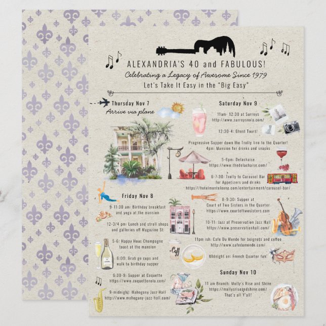 Convites 40 e Fabuloso | Nova Orleans Aniversário Itinerári (Frente/Verso)
