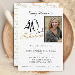Convites 40 e Fabuloso Roteiro Elegante Foto Aniversário<br><div class="desc">40 e Fabuloso Convite de Aniversário de Foto de Script Elegante. Convite de aniversário de fotos elegante. O padrão fabuloso está do lado de trás. Adicione sua foto e personalize o texto no convite. Excelente para a festa de aniversário de 40 anos.</div>