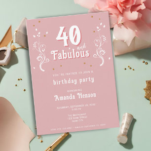 Convites 40 e Folhagem Fabulosa Rosa Aniversário de 40 anos