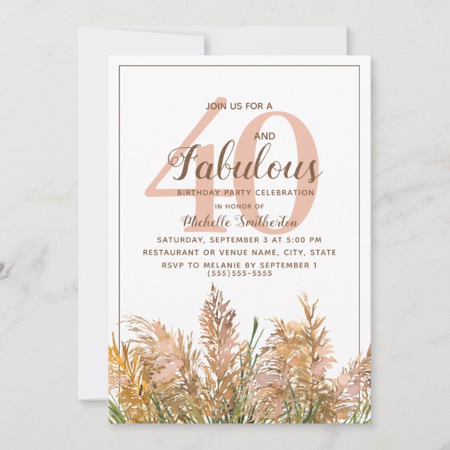 Convites 40 Fabulosas Pampas em Branco Aniversário (Frente)