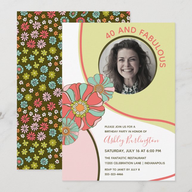 Convites 40 & Fabulous Retro Floral Photo Invitation (Frente/Verso)
