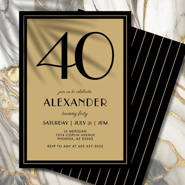 Convites 40th Birthday Adult Black and Gold Modern Minimal  (A timeless black and gold invite that feels modern, elegant, and upscale.)