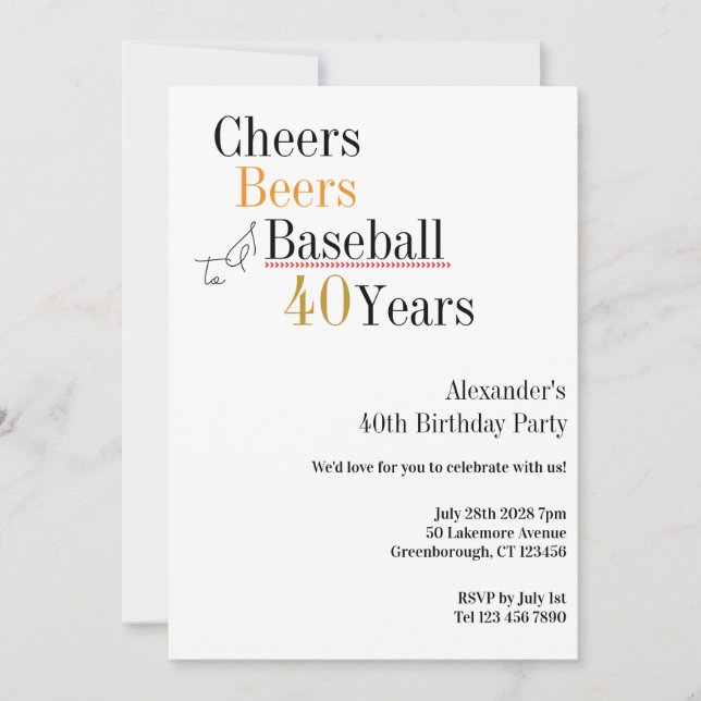 Convites 40th Birthday Baseball Cheers Beers 40 Years Party (Frente)