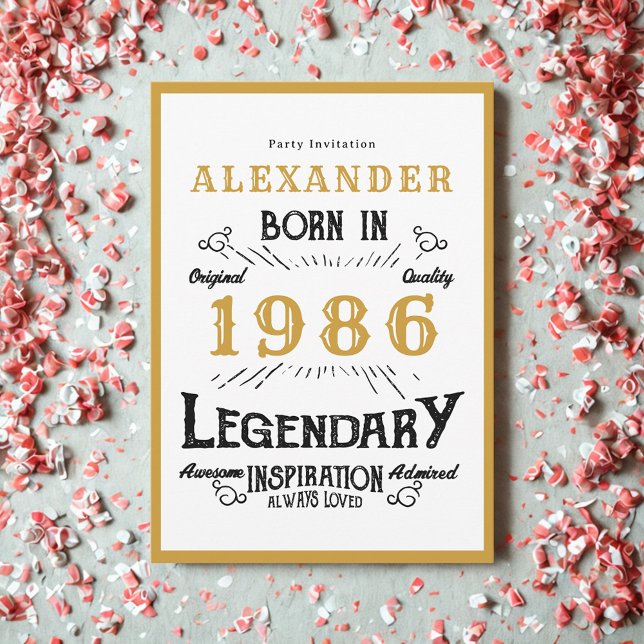 Convites 40th Birthday Born 1986 White Gold Legend (Born 1986 birthday invitation.)