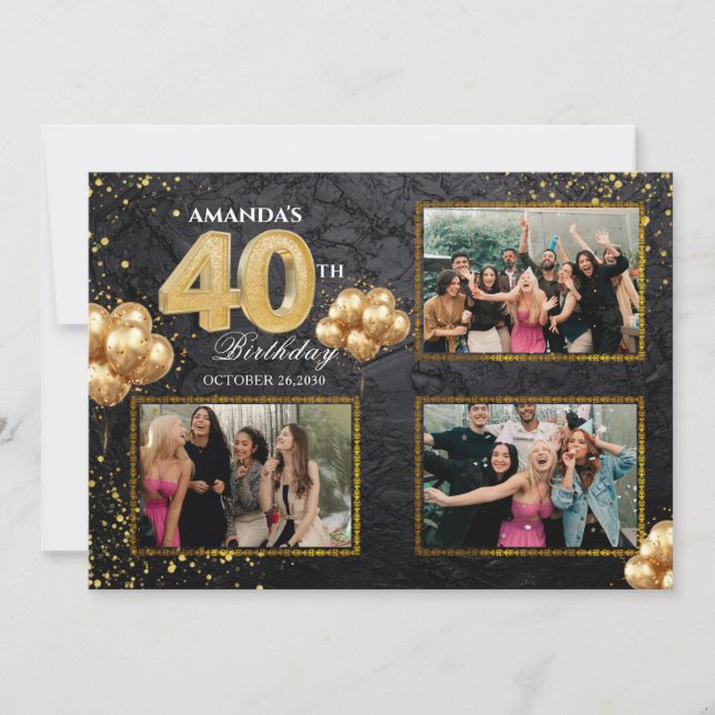 Convites 40th Birthday Gold Silver Black Balloons (Frente)