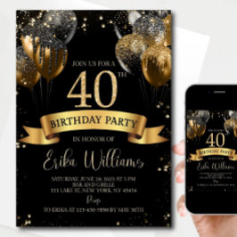 Convites 40th Birthday Invitation Template: Black Gold Ball
