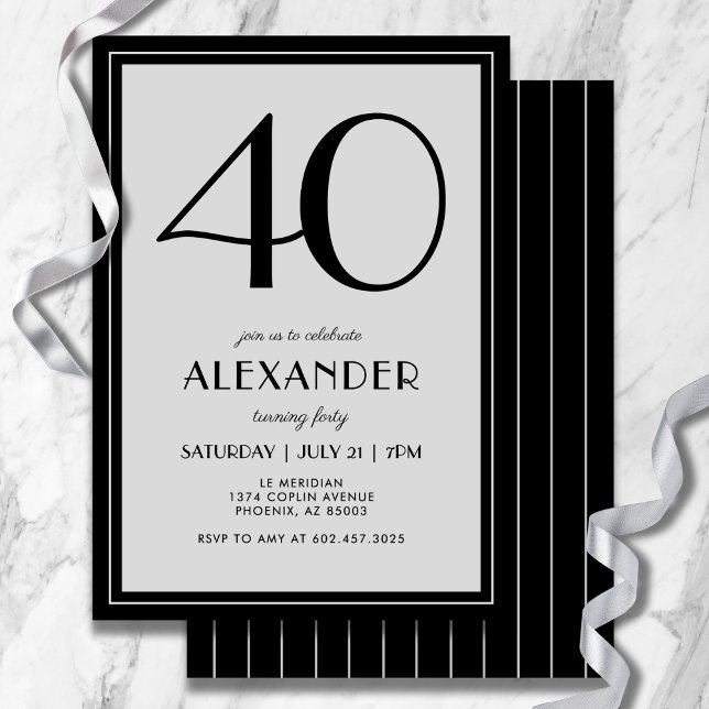 Convites 40th Birthday Modern Minimalist Mens Black Gray (A chic, gender-neutral invitation perfect for any milestone birthday.)