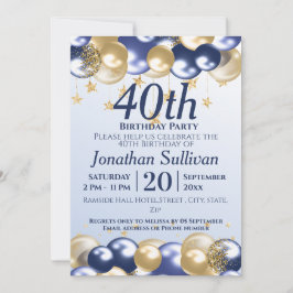 Convites 40th Birthday Navy Gold Balloons Party