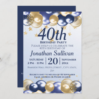 Convites 40th Birthday Navy Gold Balloons Party