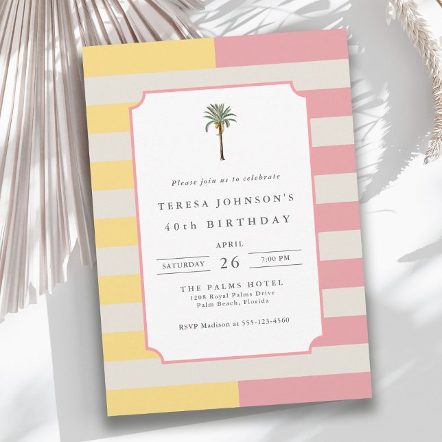 Convites 40th Birthday Palm Beach Pastel Stripe Tropical (Available in both printed and instant download digital formats.)