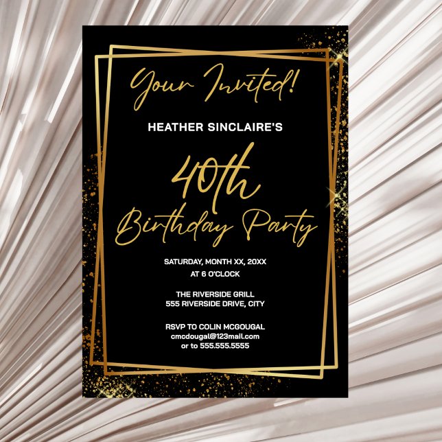 Convites 40th Birthday Party Invitation Gold and Black (0th Birthday Party Invitation Gold and Black)