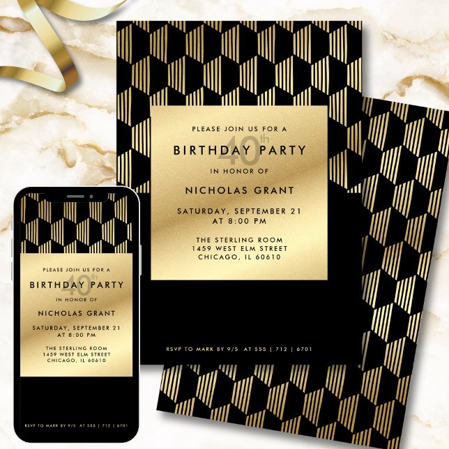 Convites 40th Birthday Party Modern Black and Gold Foil (Criador carregado)