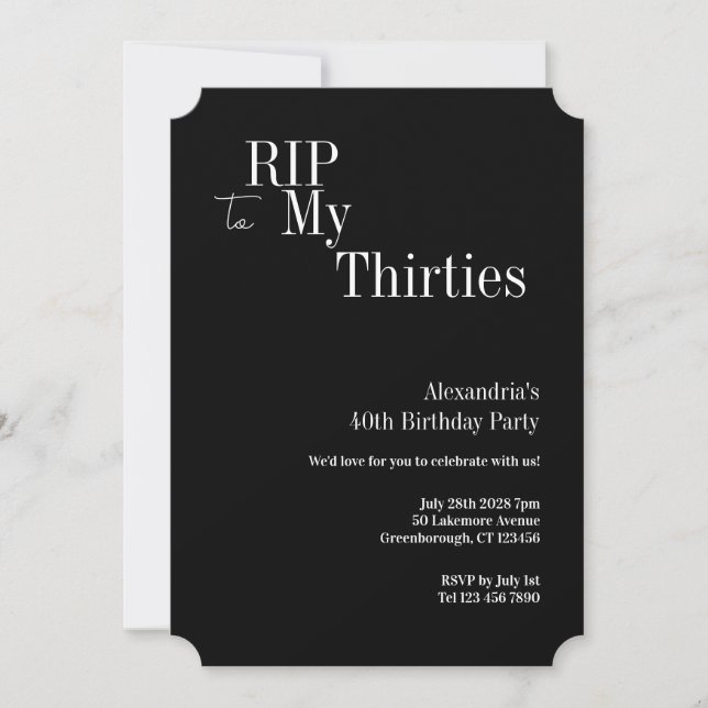 Convites 40th Birthday RIP 30s Black and White Party (Frente)