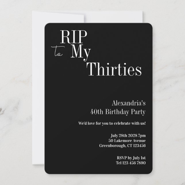 Convites 40th Birthday RIP 30s Black and White Party (Frente)