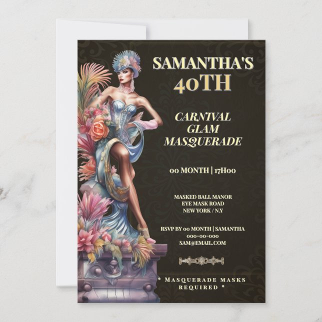 Convites 40th Masquerade Birthday Invitation Black Gold (Frente)