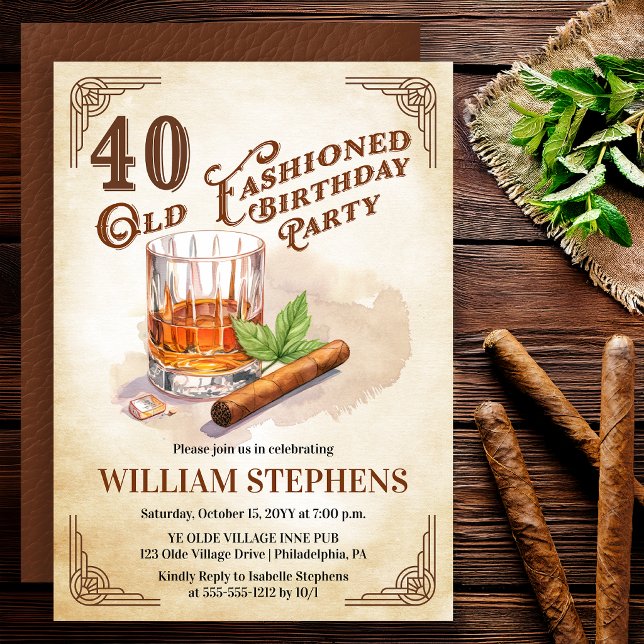 Convites 40th Old Fashioned Whiskey Cigar Birthday Party (Old Fashioned whiskey 40th birthday invitation with vintage masculine style)