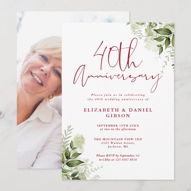 Convites 40th Wedding Anniversary Greenery Floral Photo (Frente/Verso)