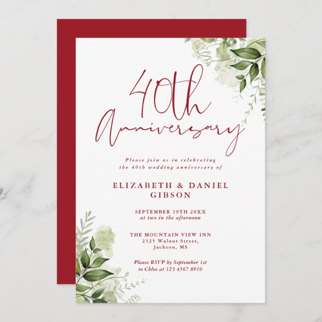 Convites 40th Wedding Anniversary Greenery Ruby Script (Frente/Verso)