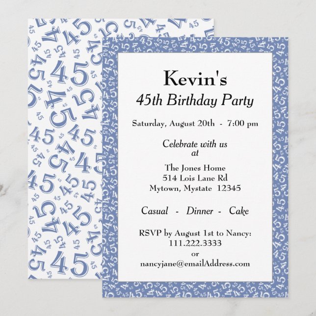 Convites 45ª Festa de aniversário, Padrão de Número Branco  (Frente/Verso)