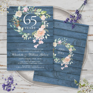 Convites 45º 65º Aniversário de Casamento Floral Azul Rústi