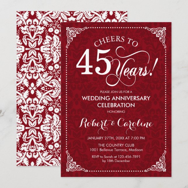 Convites 45º Aniversário de Casamento - Damasco Branco Verm (Frente/Verso)