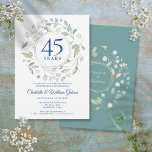 Convites 45º aniversário do casamento Laurel Greenery<br><div class="desc">Um terreno decorativo verde rodeia uma fronteira circular com 45 ou 65 anos de tipografia azul safira. Abaixo,  os detalhes do evento de aniversário são definidos em texto elegante clássico. O reverso apresenta o conjunto de nomes de casais casados dentro de uma vila floral correspondente. Projetado por Thisnotme©</div>