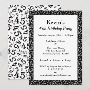 Convites 45º Padrão de Festa de aniversário, preto/branco