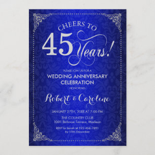 Convites 45 Anos de Casamento - Damask Prata Azul