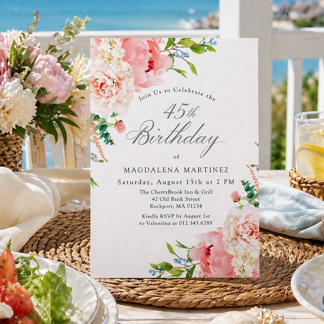 Convites 45th Birthday Party Feminine Pink Roses Floral (Criador carregado)