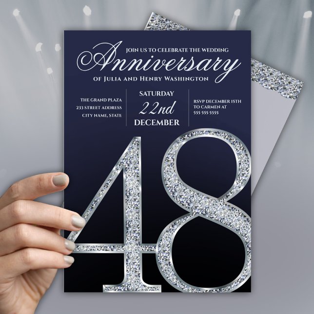 Convites 48º Aniversário Diamante Prata Azul Marinho (Criador carregado)