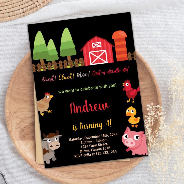 Convites 4.º Aniversário de Animais da Fazenda Vermelha Neg (4th Black Red Farm Animals Birthday Invitations)