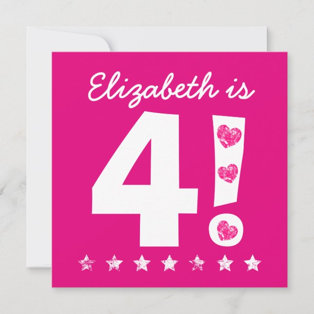 Convites 4.º Aniversário Nome Personalizado Rosa para a MEN (Frente)