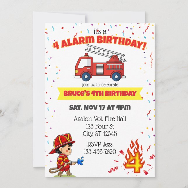 Convites 4 Alarm Fire Fighter 4th Birthday (Frente)