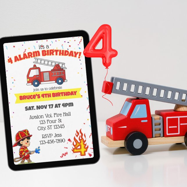 Convites 4 Alarm Fire Fighter 4th Birthday (Criador carregado)