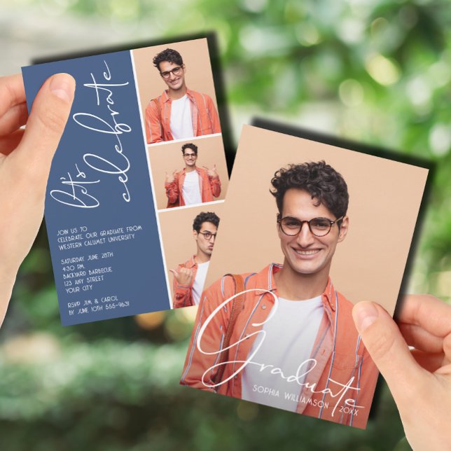 Convites 4 Azul de Graduação de Colagem de Fotos (4 Photo Collage Graduation Blue Invitations)