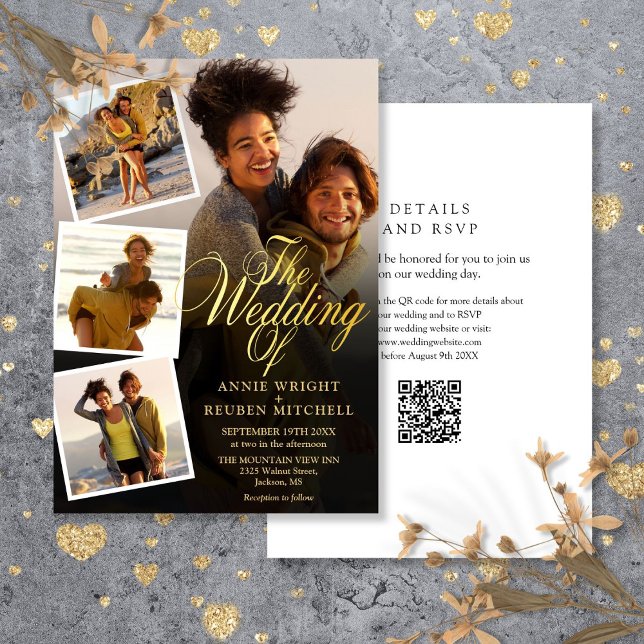 Convites 4 Colagem de Fotos Código QR Script Dourado Casame (4 Photo Collage Gold Script QR Code Wedding Invitation)