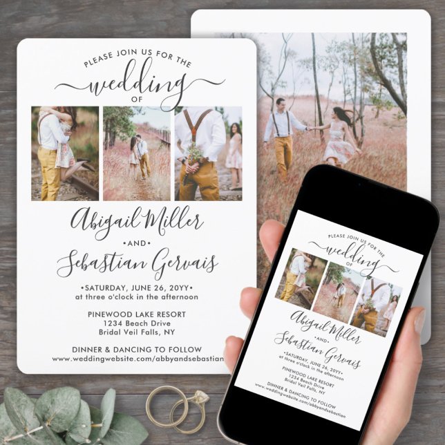 Convites 4 Colagem de Fotos Simples Casamento de Script Ele (Criador carregado)