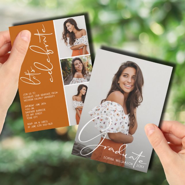 Convites 4 Cor de Foto Laranja Queimada (4 Photo Collage Graduation Burnt Orange Invitations)