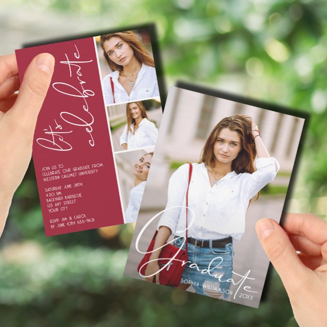 Convites 4 Crimson De Graduação De Colagem De Fotos (4 Photo Collage Graduation Crimson Invitations)