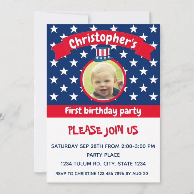Convites 4 de julho | Branco vermelho e azul | PRIMEIRO ANI (Frente)